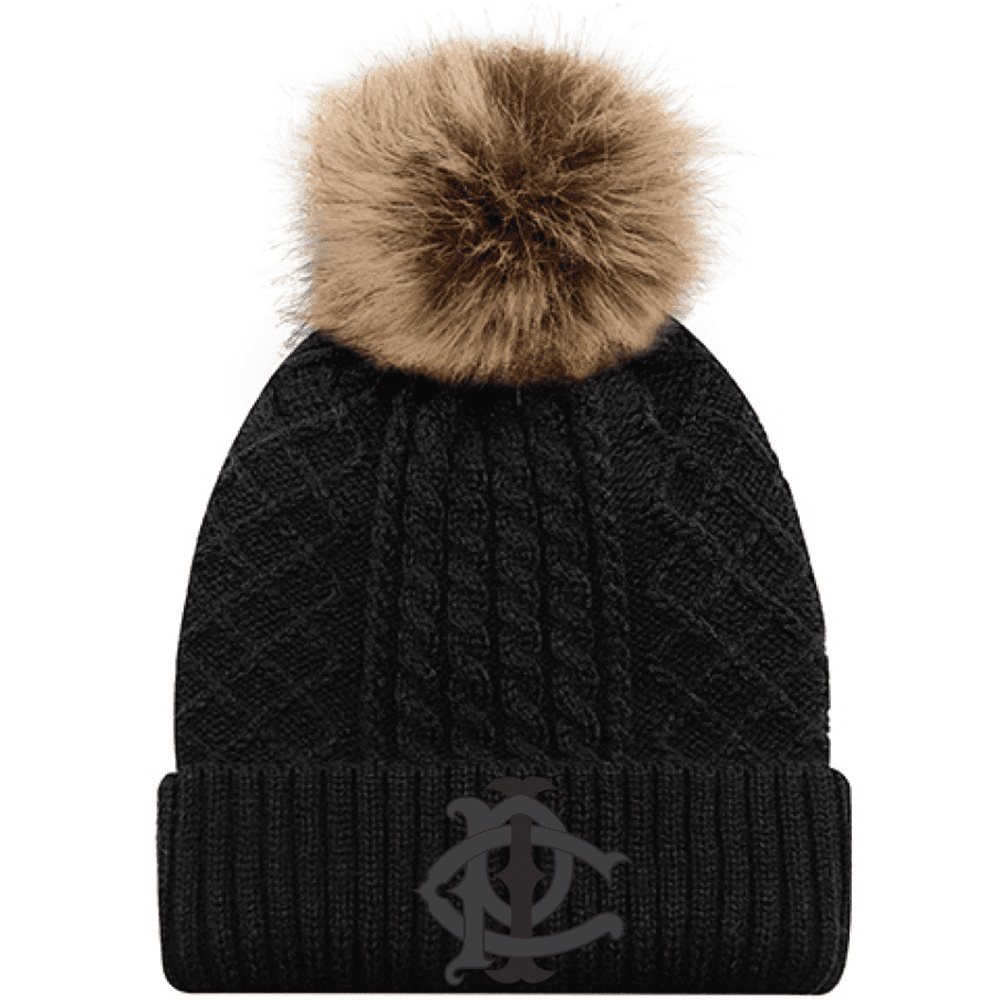 1E140L Acrylic Roll Pom Pom Toque - Black/Beige
